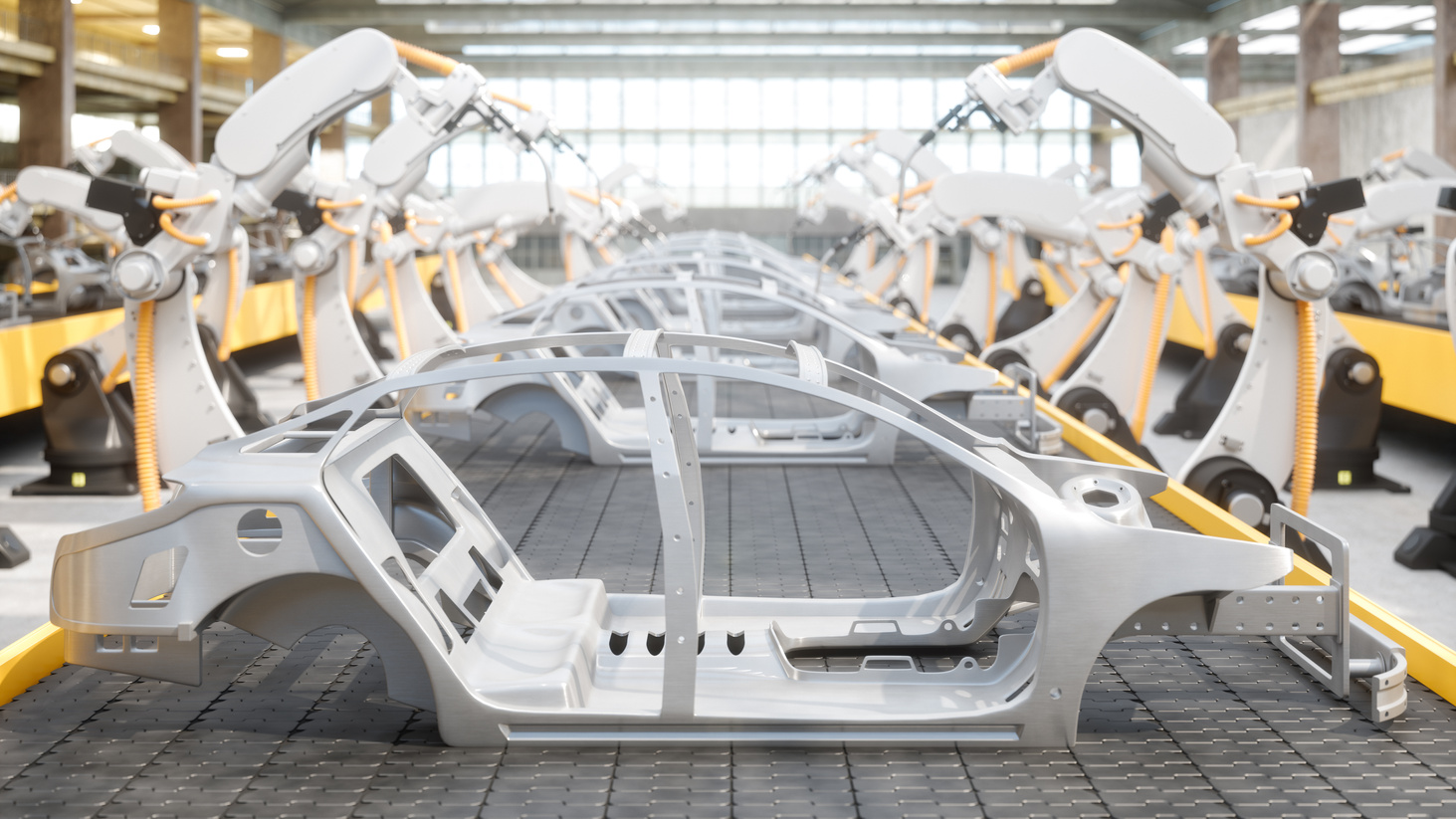 Industry 4.0 - Industrial Robots At The Automatic Car Manufacturing Factory Assembly Line